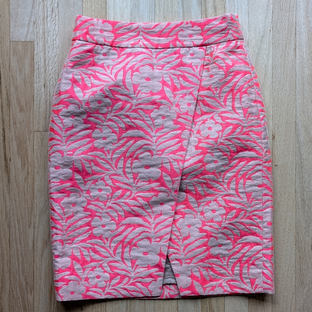 J.Crew Hot Pink and Cream Floral Jacquard Faux Wrap Knee Length Skirt (Size 4)